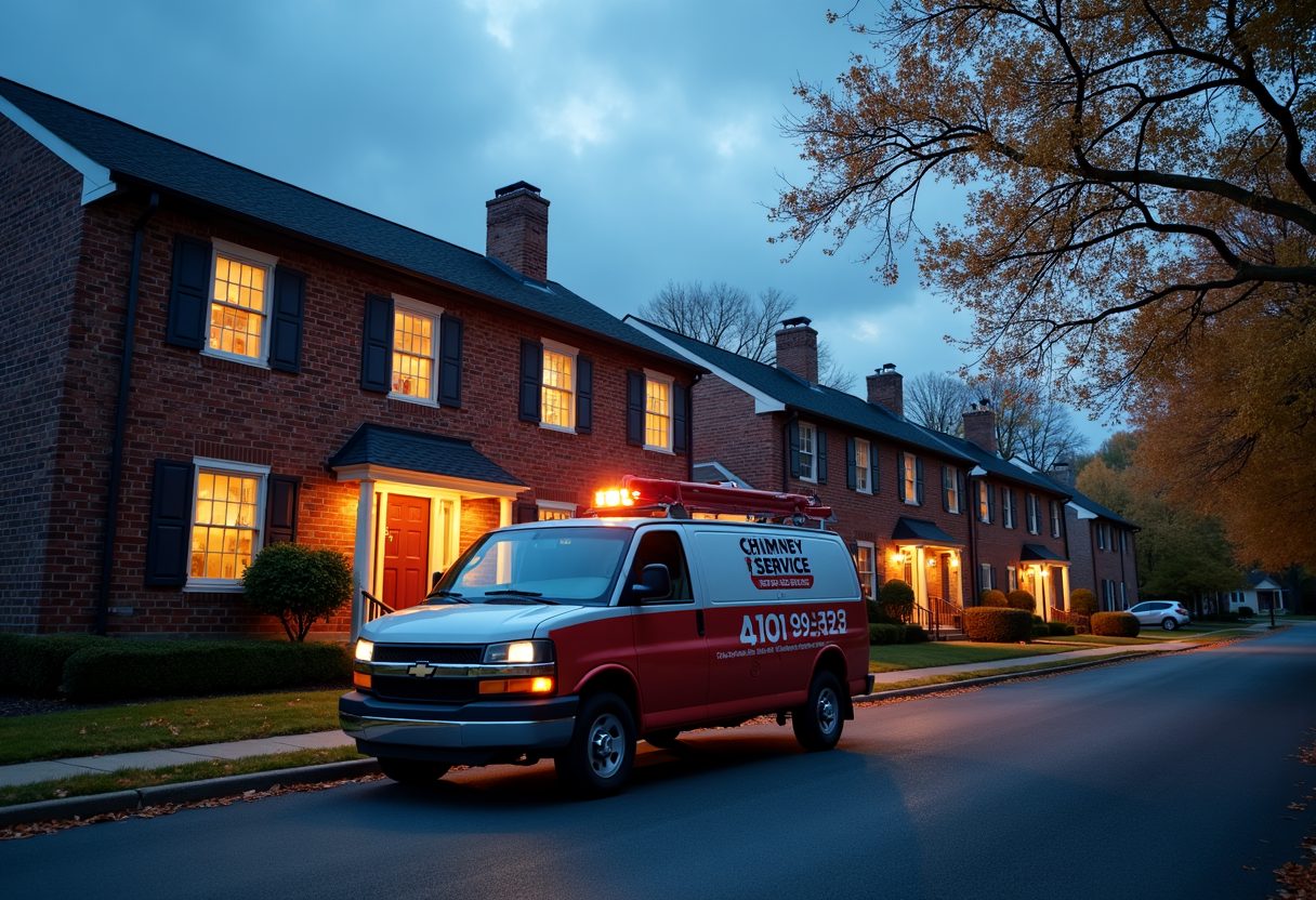 Chimney service van outside brick townhouses at dusk — Falls Church